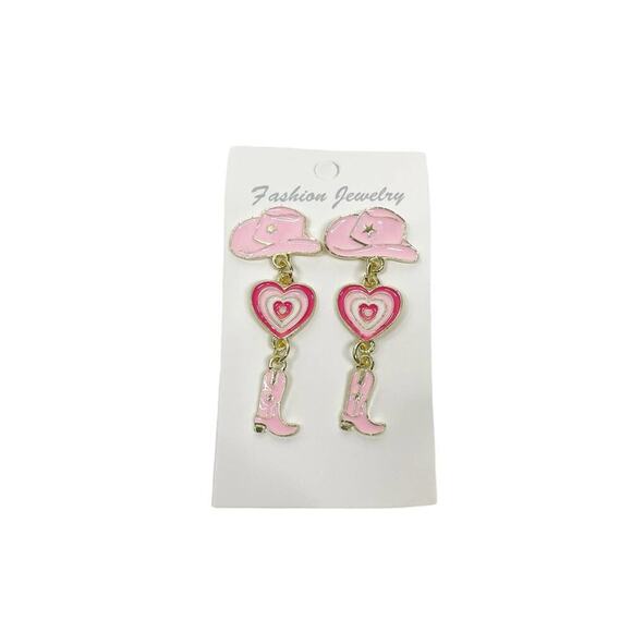 2/$24 NEW Pink Cowgirl Earrings Post Gold Tone Cowboy Boots Hat 158 - Picture 3 of 8